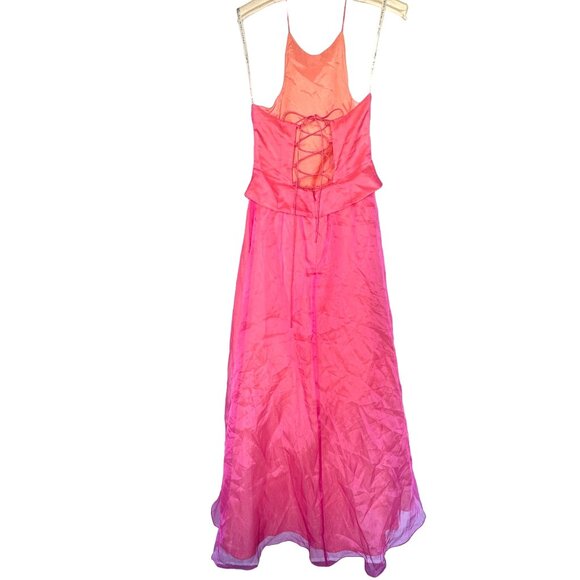 Niki Livas Pink Orange Embroidered Halter Dress With Corset Back Sz 6 Ball Gown - Picture 5 of 12